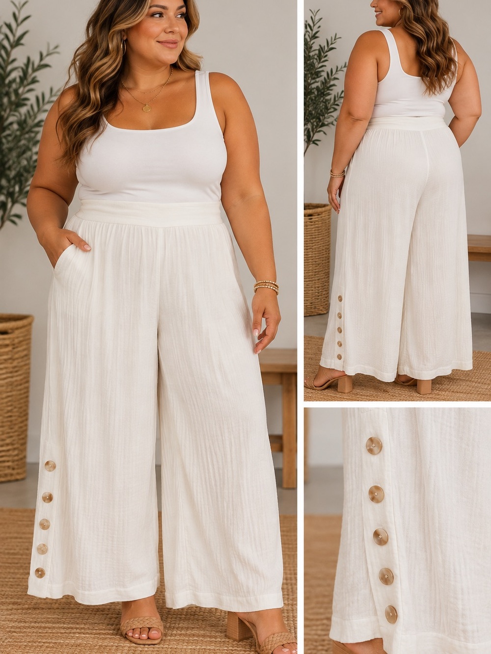 Plus-Size Wide Leg Button-Trim Pants in Cream